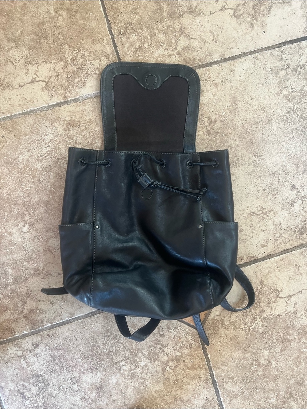 Frye Black Leather Drawstring Backpack